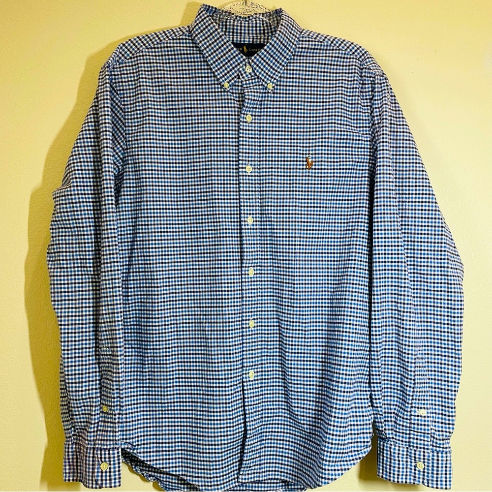 Ralph Lauren Shirt Mens XL Blue White Check Pony Button Up Long Sleeve